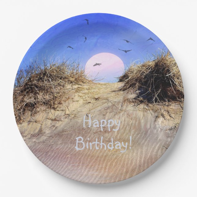 Plato De Papel Happy Birthday Beach Sunrise (Anverso)