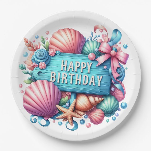Plato De Papel Happy Birthday Beach Tropical Theme (Anverso)