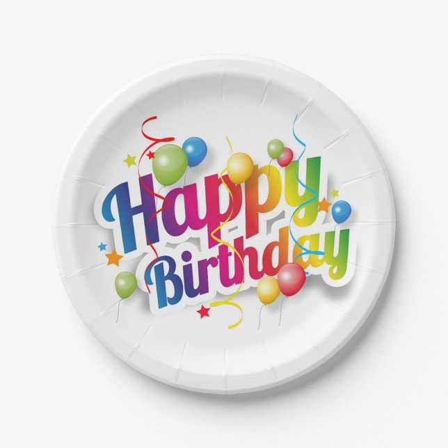 Plato De Papel Happy Birthday Festive Paper Plate (Bright, Festive "Happy Birthday" Plate with rainbow lettering! )