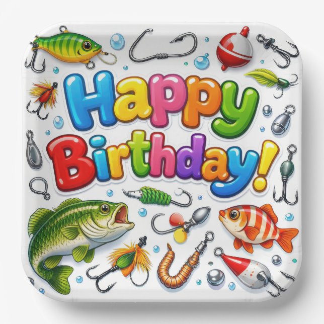 Plato De Papel Happy Birthday Fish, Lures and Hooks (Anverso)