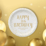 Plato De Papel Happy Birthday Gold Glitter Script Any Year Custom<br><div class="desc">Celebrate a big birthday with these fun paper plates featuring birthday girl/boys name and birthday year set against a white background accented with faux gold glitter confetti sparkles.  Fun and festive - perfect for any birthday celebration.</div>