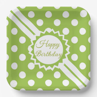 Plato De Papel Happy Birthday Green And White Polka Dots 