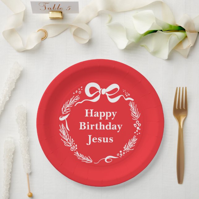Plato De Papel Happy Birthday Jesus | Hand Drawn Bow Christmas (Boda)