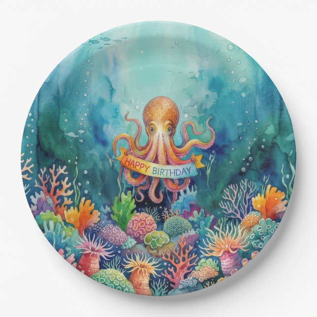 Plato De Papel Happy Birthday Octopus Ocean Sea Life Water Fish (Anverso)