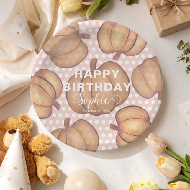 Plato De Papel Happy Birthday Pink & Orange Pumpkin Party  (Subido por el creador)