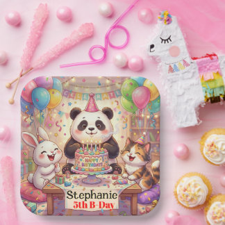 Plato De Papel Happy Birthday Rabbit Panda Cat Cute Animals