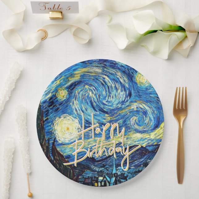 Plato De Papel Happy Birthday, Starry Night fine art, (Boda)