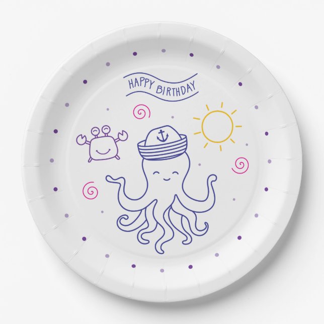 Plato De Papel happy birthday summer theme octopus (Anverso)