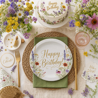 Plato De Papel Happy Birthday Wild Flowers Botanical Floral 