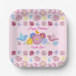Plato De Papel Happy Birthday Wild Flowers Garden Birds Pattern