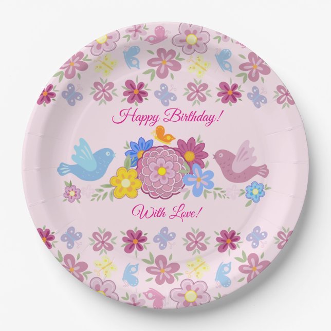Plato De Papel Happy Birthday Wild Flowers Garden Birds Pattern (Anverso)