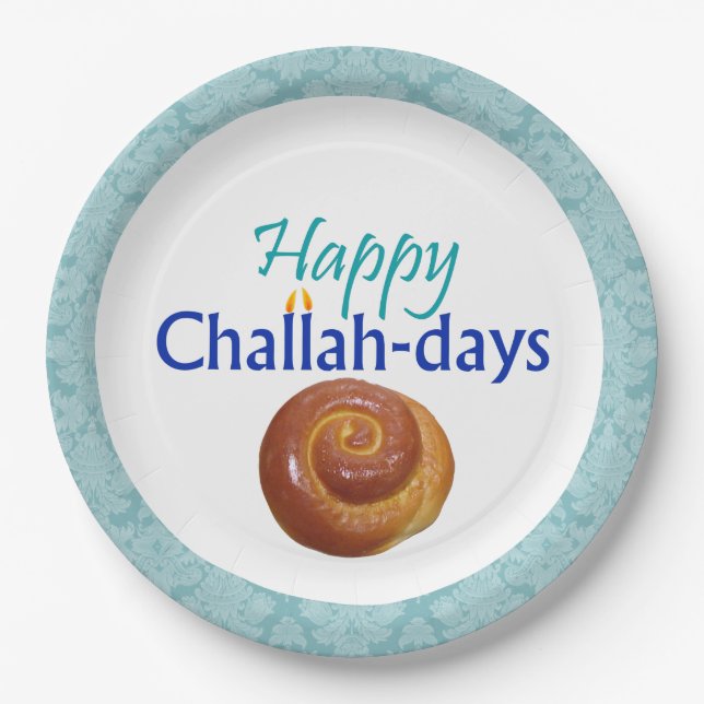Plato De Papel Happy Challah Days Aqua Brocade Paper Plate (Anverso)