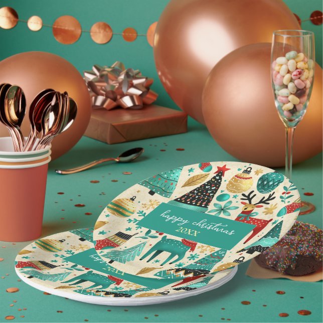 Plato De Papel Happy Christmas party – Whimsical trees reinders (Multi)