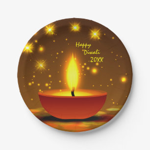 Plato De Papel Happy Diwali 20xx Diya Yellow Flame Sparkles 7"