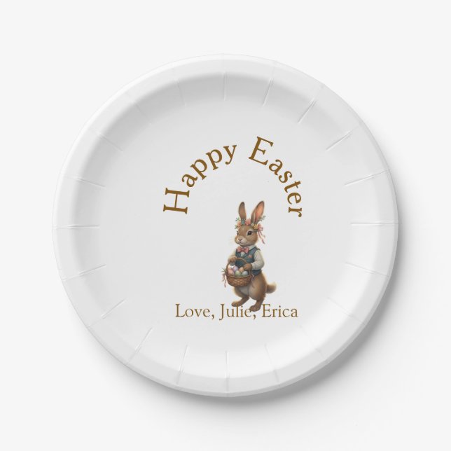 Plato De Papel Happy Easter brown bunny with eggs love add name  (Anverso)