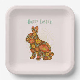 Plato De Papel Happy Easter Bunny Yellow Gold Purpurina Floral