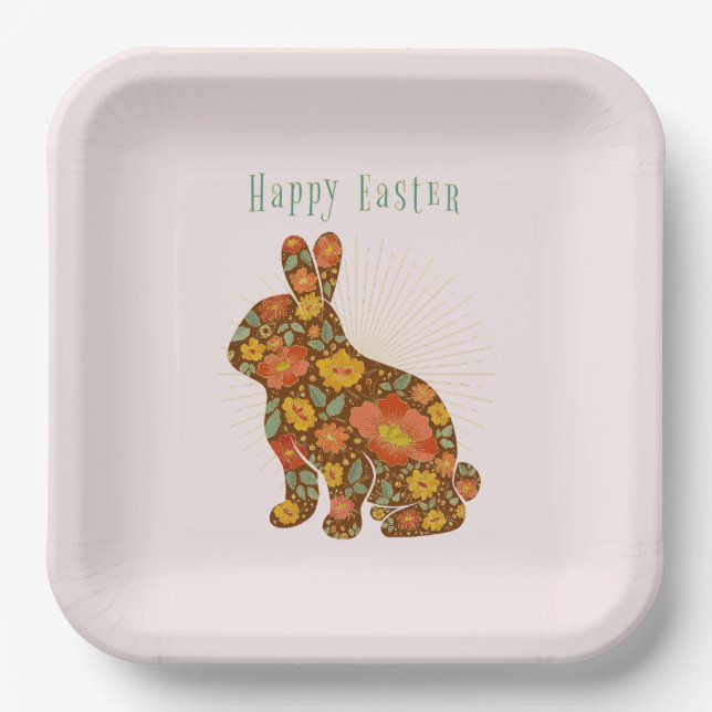 Plato De Papel Happy Easter Bunny Yellow Gold Purpurina Floral (Anverso)