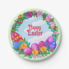 Plato De Papel Happy Easter Eggs Floral Wreath