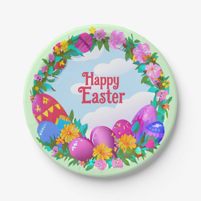 Plato De Papel Happy Easter Eggs Floral Wreath (Anverso)