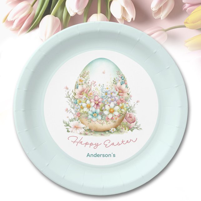 Plato De Papel Happy Easter Floral Egs Blue Nombre personalizado (Happy Easter Floral Egg Blue Personalized Name Paper Plates)