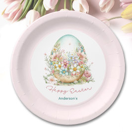 Plato De Papel Happy Easter Floral Egs Pink Nombre personalizado
