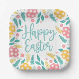 Plato De Papel Happy Easter | Pink Aqua Easter Eggs Floral
