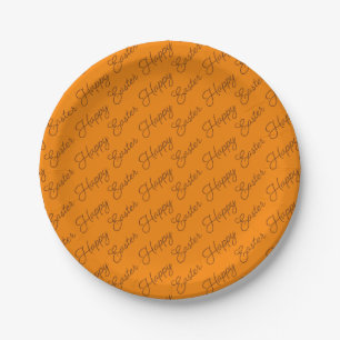 Plato De Papel Happy Easter Script Brown on Naranja Paper Plate