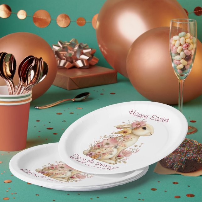 Plato De Papel Happy Easter Spring Pink and Yellow Flowers Bunny (Multi)