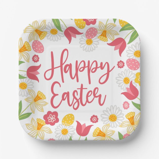 Plato De Papel Happy Easter | Yellow and Red Floral  (Anverso)