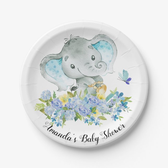 Plato De Papel Happy Elephant Boys Baby Shower 7" Plate (Anverso)