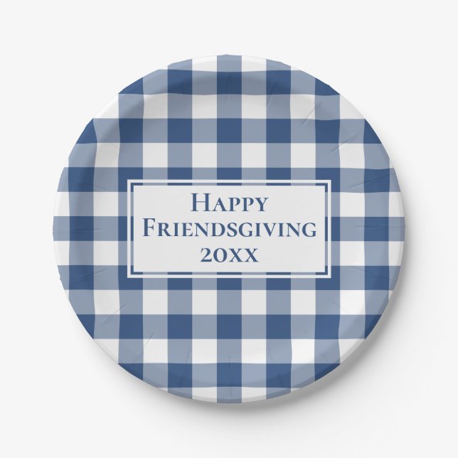 Plato De Papel Happy Friendding Blue White Gingham Plaid (Anverso)