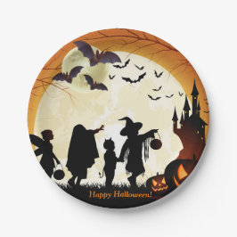 Plato De Papel Happy Halloween Fiesta Bats Pumpkins Paper Placa