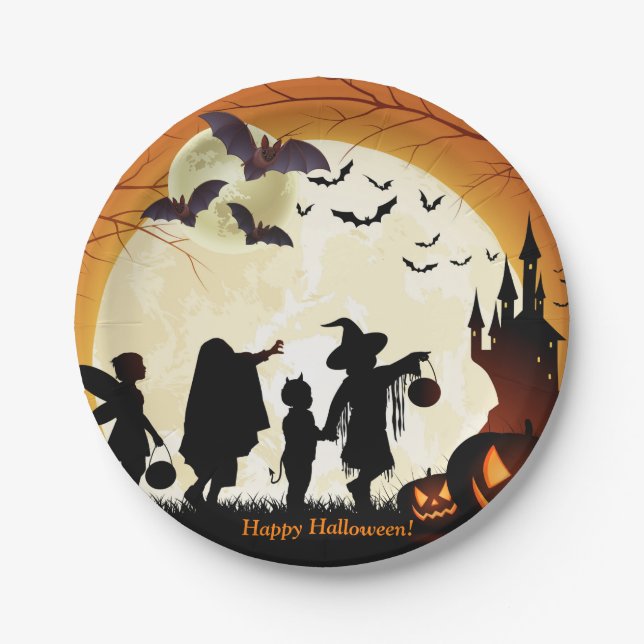 Plato De Papel Happy Halloween Fiesta Bats Pumpkins Paper Placa (Anverso)