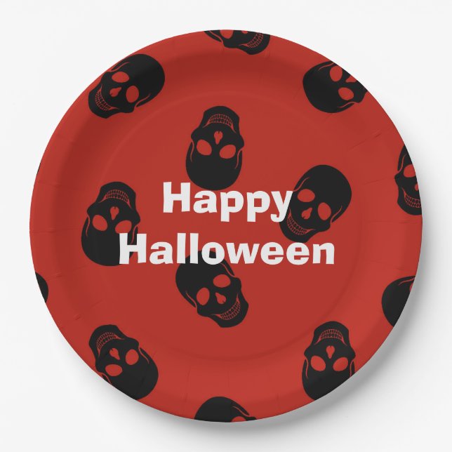 Plato De Papel Happy Halloween Fiesta Red Skull Paper Plate (Anverso)