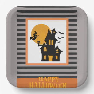 PLATO DE PAPEL HAPPY HALLOWEEN TIRA DE DISEÑO NEGRO Y NARANJA