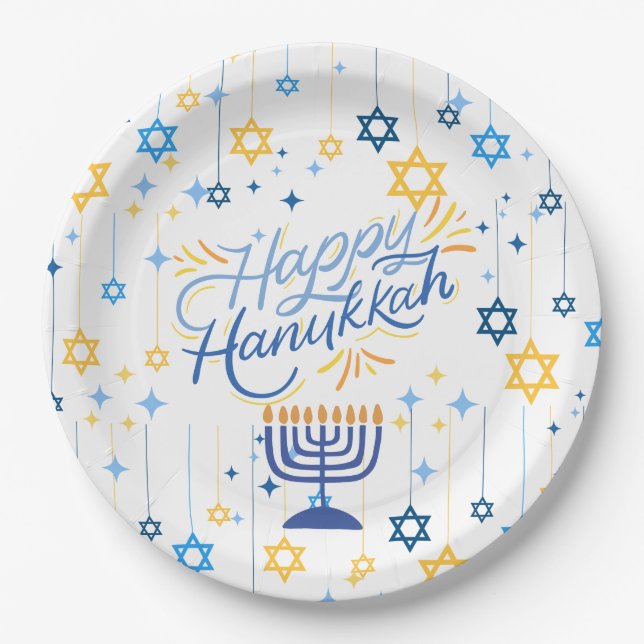 Plato De Papel Happy Hanukkah Blue And Gold (Anverso)