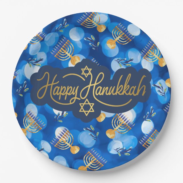 Plato De Papel Happy Hanukkah Blue And White (Anverso)
