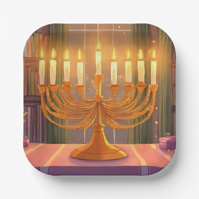 Plato De Papel Happy Hanukkah Menorah Candles Oil Painting (Anverso)