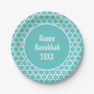 Plato De Papel Happy Hanukkah Star Tiles Turquoise
