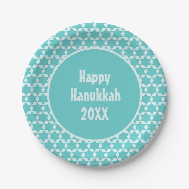 Plato De Papel Happy Hanukkah Star Tiles Turquoise (Anverso)