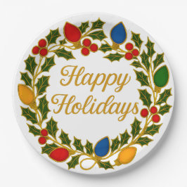 Plato De Papel Happy Holidays Wreath Christmas Lights and Holly