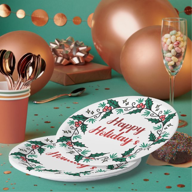 Plato De Papel Happy Holiday's Wreath Paper Plate (Multi)