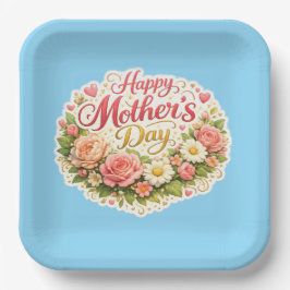 Plato De Papel Happy Mother's Day elegant floral wreath blue