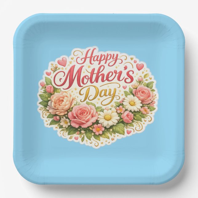 Plato De Papel Happy Mother's Day elegant floral wreath blue (Anverso)