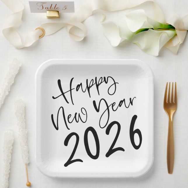 Plato De Papel Happy New Year 2026 Black Script  (Boda)