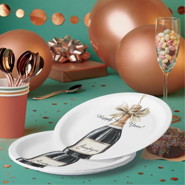 Plato De Papel Happy New Year Gold Black Champagne Bottle (Multi)
