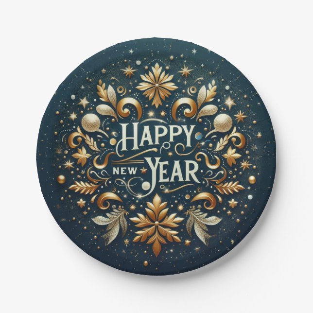 Plato De Papel Happy New Year Gold Flourish Festive  (Anverso)