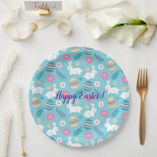 Plato De Papel Happy Personalizar Easter Rabbit Floral