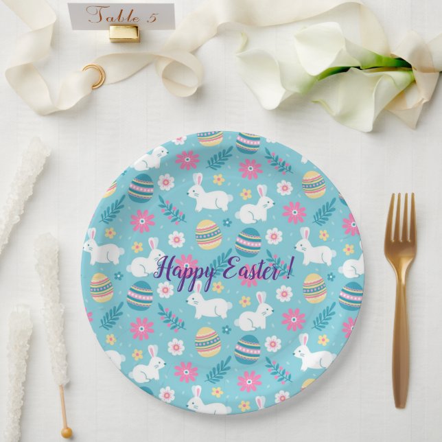 Plato De Papel Happy Personalizar Easter Rabbit Floral (Boda)