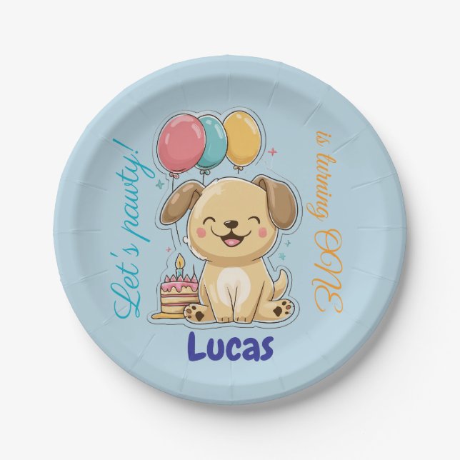 Plato De Papel Happy Puppy, Boy, Let's Pawty, 1st Birthday  (Anverso)